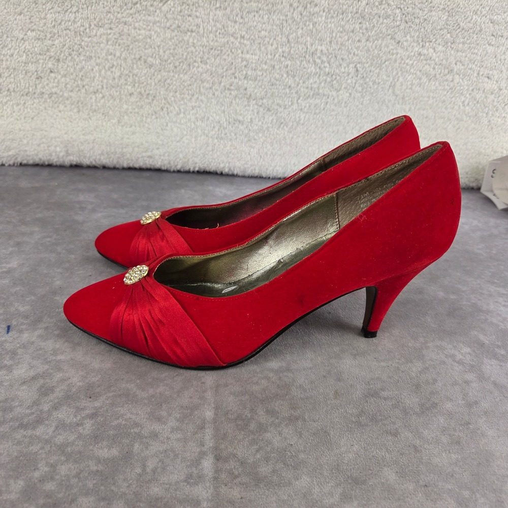The PM Collection by 9-2-5 Red Suede Pumps Rhinestone Satin Bow Heels S1947